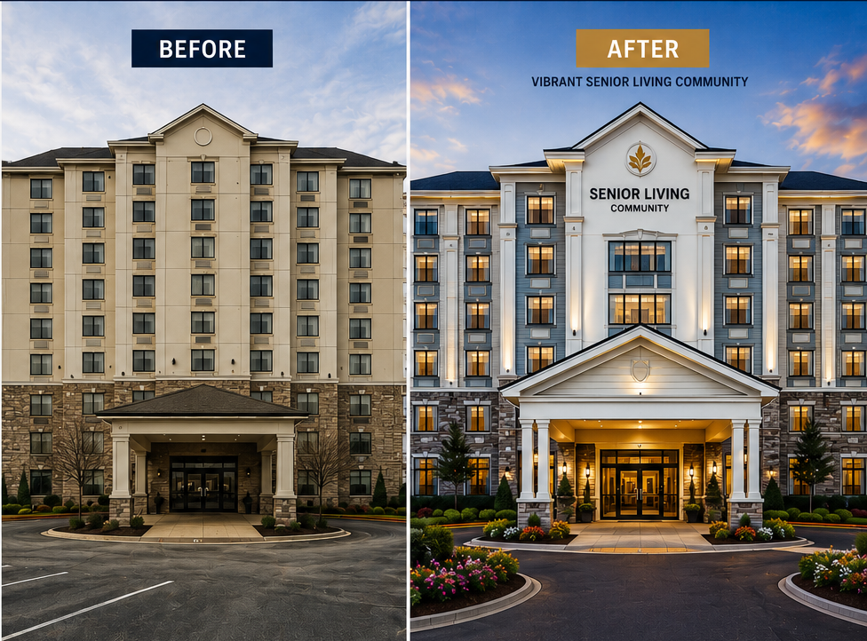 Second hotel before and proposed senior living conversion concept